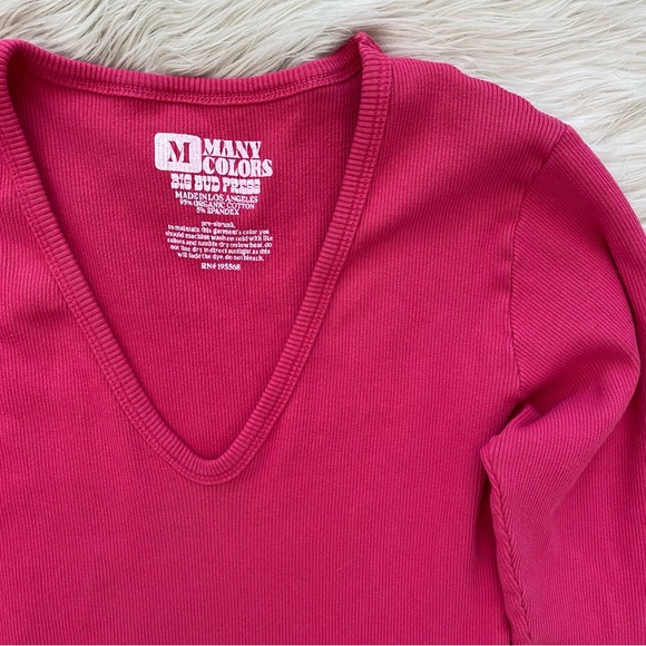 Big Bud Press Hot Pink Many Colors V-Neck Ribbed Long Sleeve Tee Shirt - Picture 3 of 7
